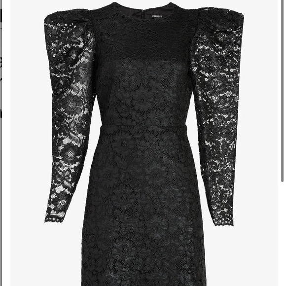 NWT EXPRESS Black Lace Puff Sleeve Fit and Flare Dress - Picture 2 of 9